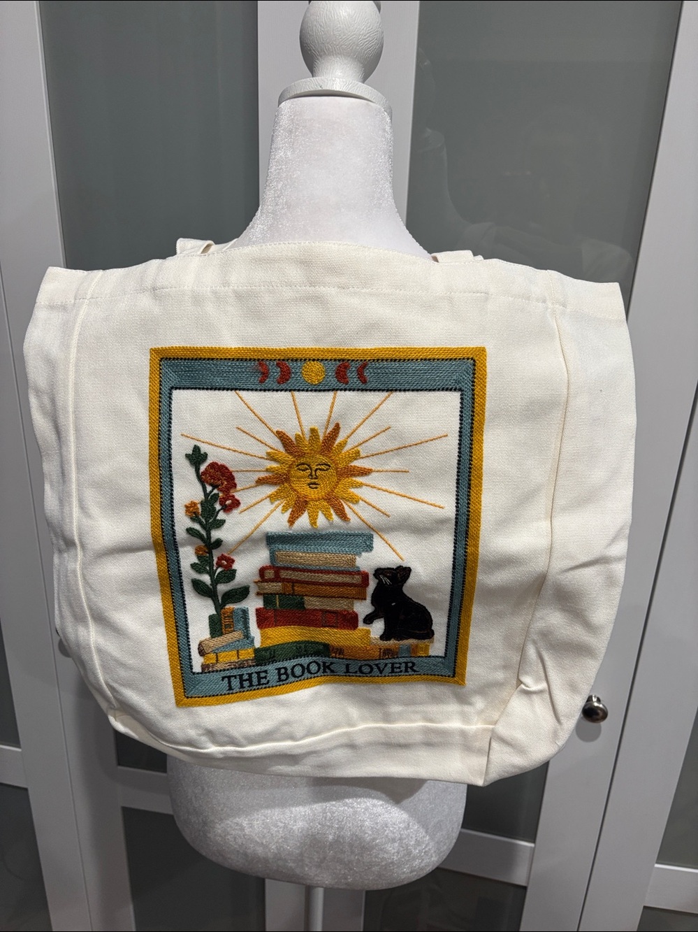 NWT The Book Lover Embroidered Canvas tote- cream w/ tarot card design